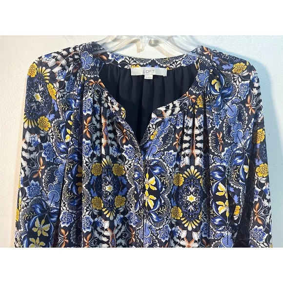 LOFT Women's Blue Yellow Floral Print Ruffle Tiered Mini Dress Size Medium - Picture 4 of 10